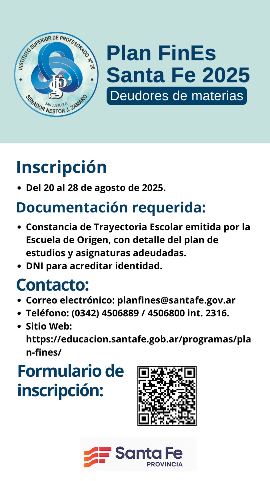 El Instituto Superior de Profesorado N.º 20 será sede del Plan FinEs Santa Fe 2025